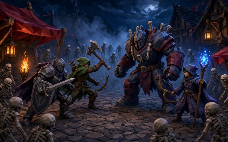 The party takes on the Barrow King in the village market at night