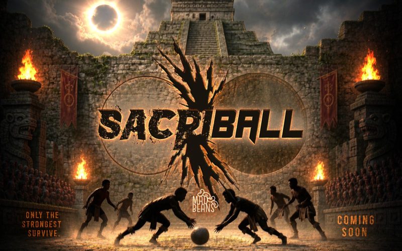 Two players fight for the ball in the Sacriball temple court under an eclipse